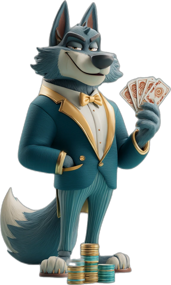 Check Raise wolf mascot in a teal tuxedo holding cards